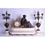 A LARGE 19TH CENTURY FRENCH BRONZE AND WHITE MARBLE CLOCK GARNITURE modelled as a classical female