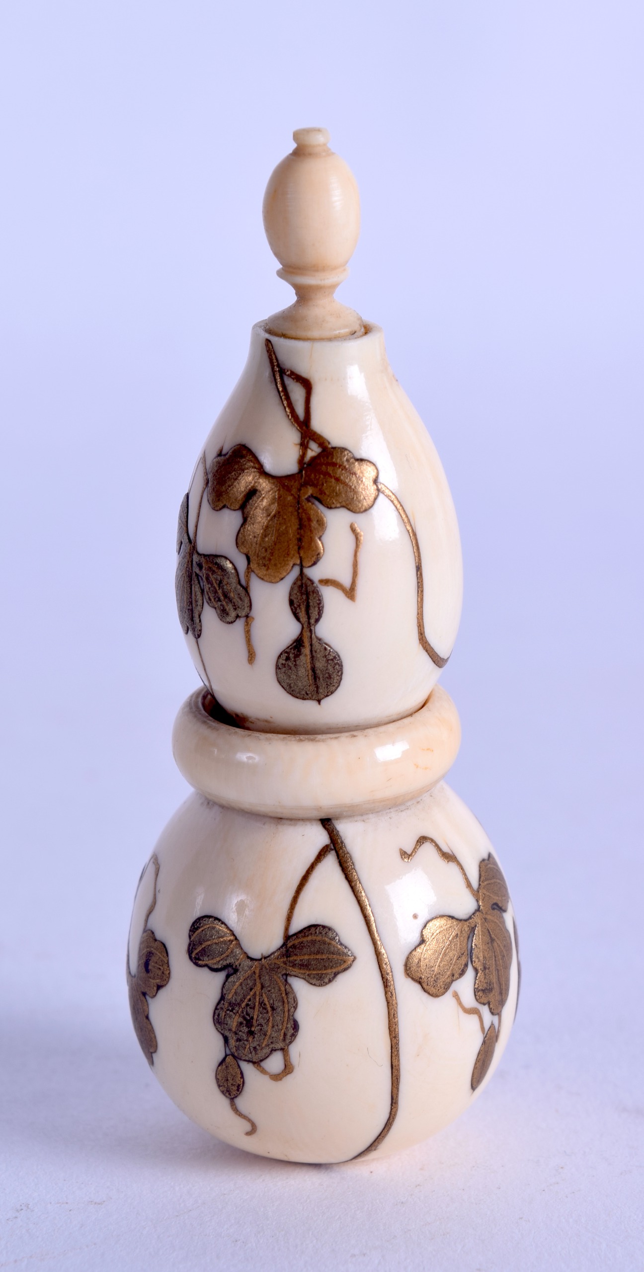 A GOOD 19TH CENTURY JAPANESE MEIJI PERIOD CARVED IVORY DOUBLE GOURD SCENT BOTTLE overlaid in gold - Image 2 of 3