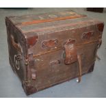 A VINTAGE LEATHER BOUND TRUNK. 70 cm x 52 cm.