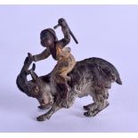 AN AUSTRIAN VIENNESE COLD PAINTE BRONZE FIGURE OF A YOUNG BOY modelled upon a mountain goat. 4.5