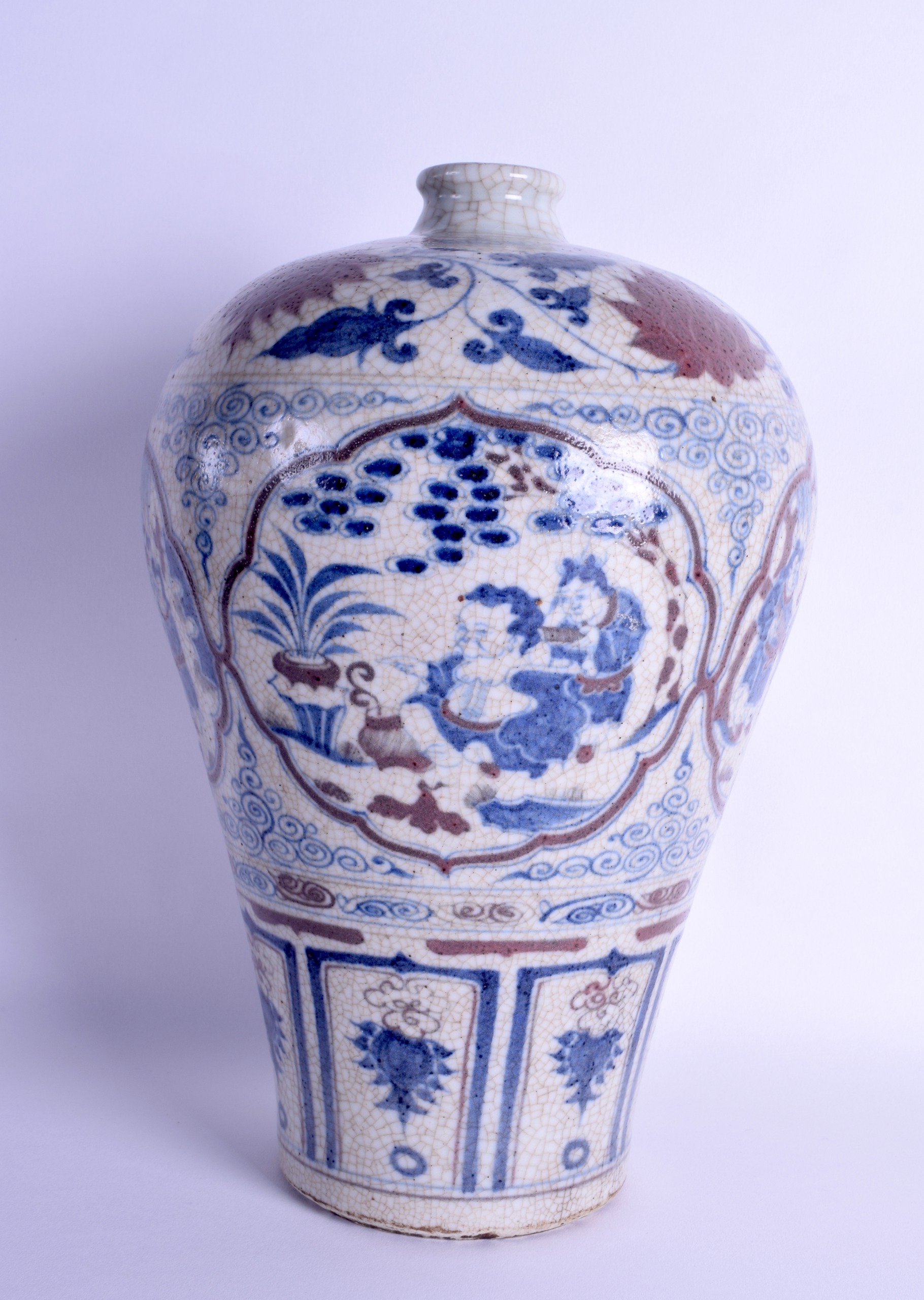 A CHINESE BLUE AND WHITE MEIPING 20th Century, painted with scholars within landscapes. 31 cm high.