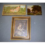 A 19TH CENTURY UNFRAMED OIL ON BOARD together with an oilograph & another oil painting. (3)