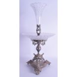 A VICTORIAN SILVER PLATE AND CUT GLASS TABLE CENTREPIECE with acanthus capped feet. 49 cm high.