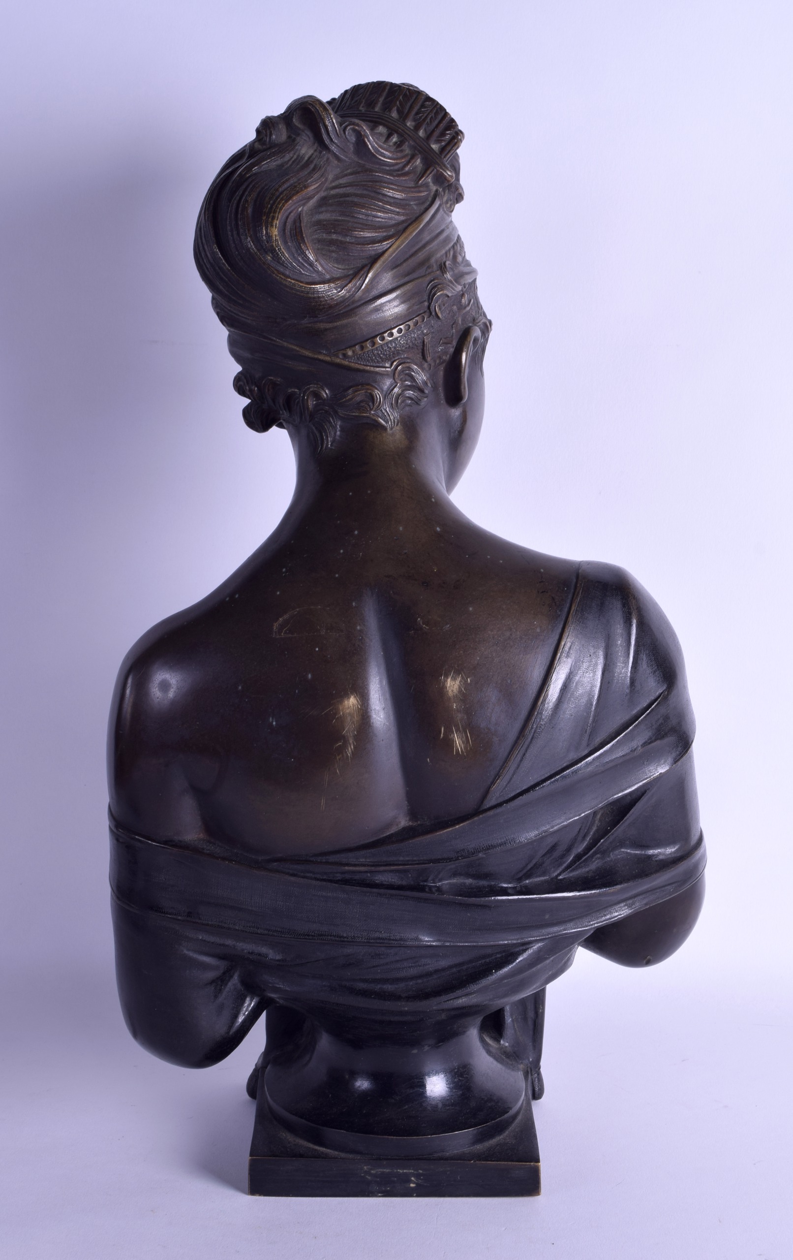 A LOVELY ART NOUVEAU BRONZE BUST OF A FEMALE modelled holding robes across her chest. 45 cm high. - Image 2 of 2