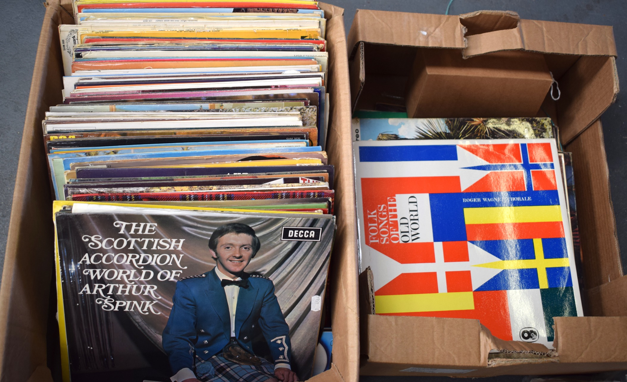 A LARGE COLLECTION OF VINTAGE VINYL RECORDS, mostly Scottish themed. (2 boxes).