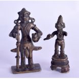 A 19TH CENTURY INDIAN BRONZE FIGURE OF A STANDING BUDDHA together with another similar. 8 cm & 6.5