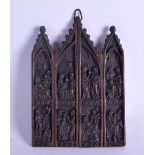 A 19TH EUROPEAN BRONZE HANGING PLAQUE depicting saints within arch ways. 13.5 cm x 20 cm.