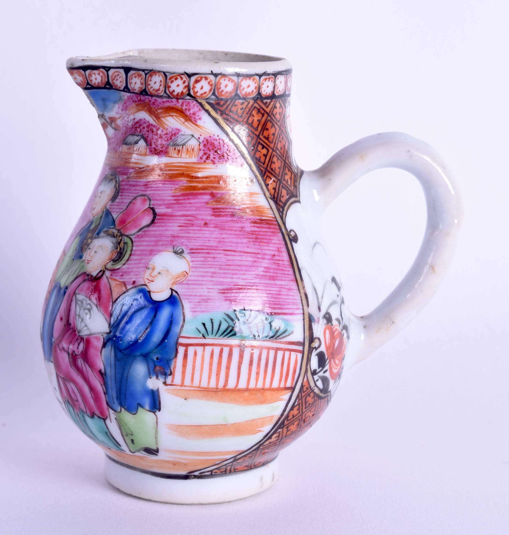 A RARE 18TH CENTURY CHINESE EXPORT FAMILLE ROSE SPARROW BEAK JUG of unusually small proportions,