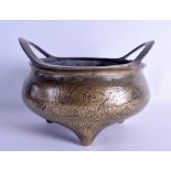 A LARGE 19TH CENTURY CHINESE TWIN HANDLED BRONZE CENSER bearing Xuande marks to base, decorated in