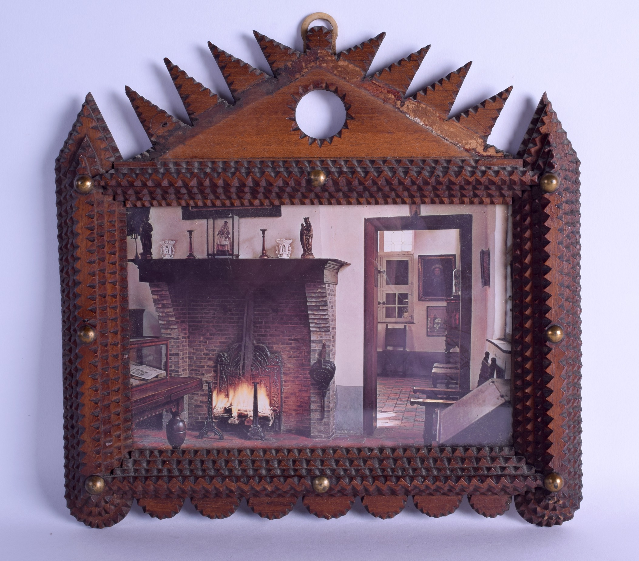 A RARE LARGE AMERICAN TRAMP ART PHOTOGRAPH FRAME with stud work decoration. 32 cm x 30 cm.