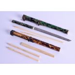 AN UNUSUAL PAIR OF CHINESE QING DYNASTY STAINED TORTOISESHELL TRAVELLING CHOPSTICKS with engraved