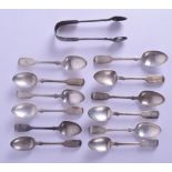 A GROUP OF ANTIQUE SILVER SPOONS and a pair of sugar tongs. 10.2 oz. (qty)