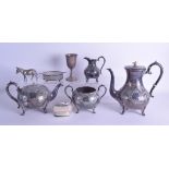 A SILVER PLATED FOUR PIECE TEASET together with a silver plated goblet etc. (8)