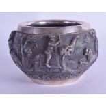 A 19TH CENTURY INDIAN SILVER SUGAR BASIN decorated in relief with animals and landscapes. 5.4 oz.