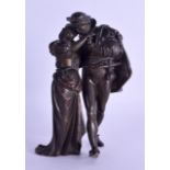 A LATE 19TH CENTURY EUROPEAN BRONZE FIGURE OF A CAVALIER modelled consoling a female. 12.75 cm