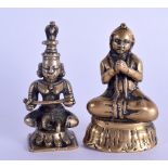 TWO 18TH CENTURY INDIAN BRONZE FIGURES OF BUDDHAS modelled in buddhistic stances. 6 cm & 5 cm