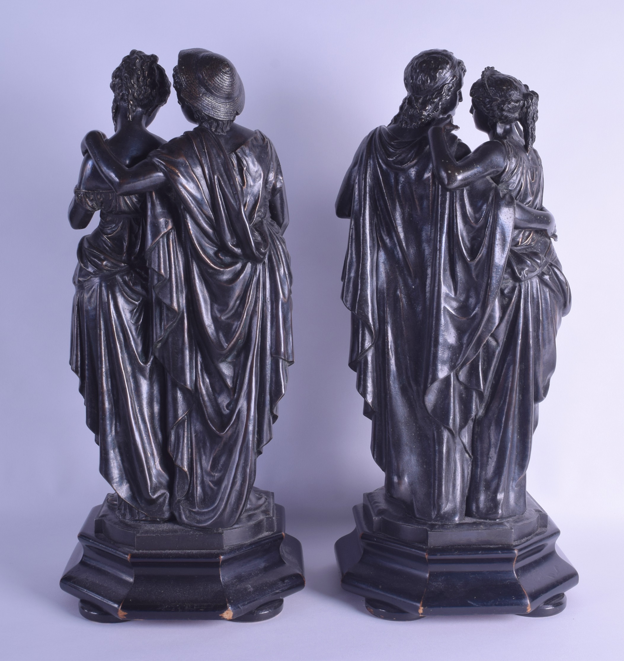 A PAIR OF 19TH CENTURY FRENCH SPELTER FIGURES OF A MALE AND FEMALE modelled after Bouret, upon - Image 2 of 2