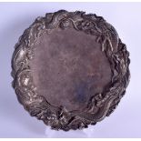 AN UNUSUAL 19TH CENTURY JAPANESE MEIJI PERIOD SILVER DISH of hammered form, the border formed with