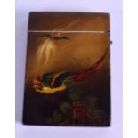 A VICTORIAN PAPIER MACHE CARD CASE painted with parrots in flight within a landscape. 7 cm x 9.75