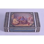 A GOOD 19TH CENTURY CONTINENTAL SILVER AND ENAMEL RECTANGULAR SNUFF BOX painted with figures playing