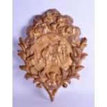 AN 18TH CENTURY CONTINENTAL GILTWOOD RELIGIOUS BAPTISM PLAQUE depicting numerous figures and mask