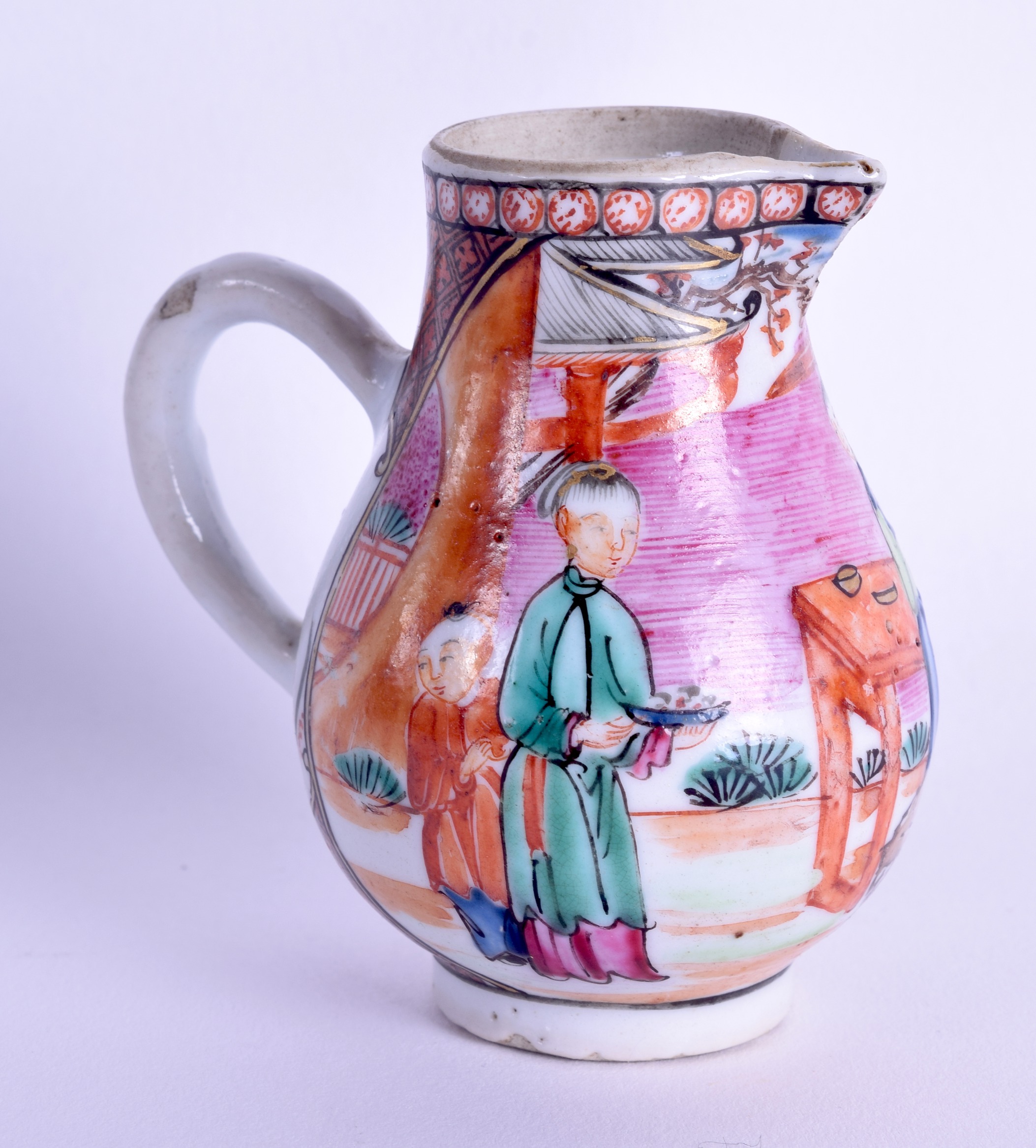 A RARE 18TH CENTURY CHINESE EXPORT FAMILLE ROSE SPARROW BEAK JUG of unusually small proportions, - Image 2 of 3