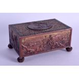 A GOOD ANTIQUE AUSTRIAN AUTOMATON MUSICAL BIRD BOX decorated in relief with figures, animals and