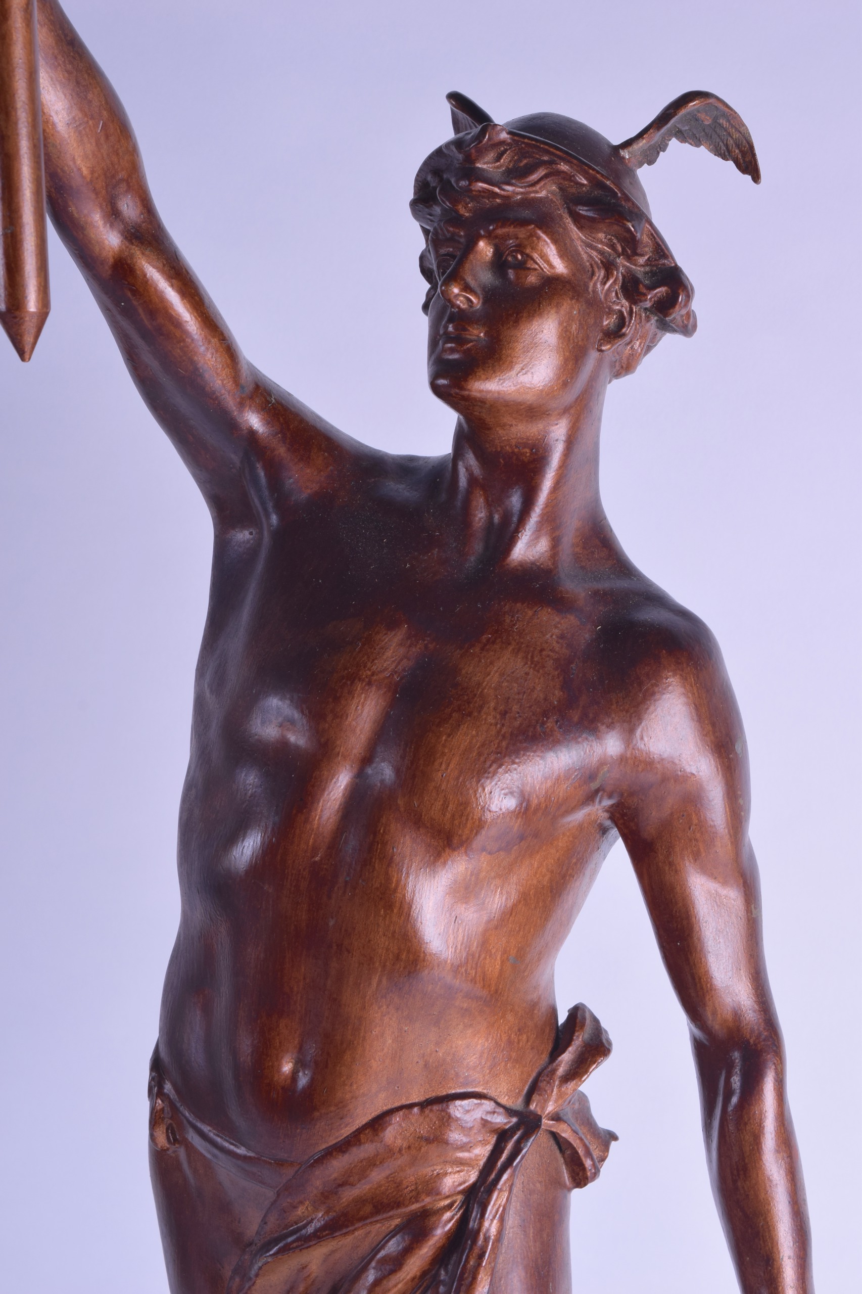 AN ART NOUVEAU COLD PAINTED SPELTER FIGURAL LAMP modelled as a classical male holding aloft a - Image 2 of 3