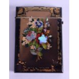 A VICTORIAN BLACK LACQUER PAPIER MACHE CARD CASE decorated with a floral bouquet. 7.5 cm x 10.25