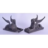 A PAIR OF 19TH CENTURY ITALIAN GRAND TOUR BRONZE FIGURES OF SPHINXES modelled upon black marble