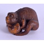 A LATE 19TH CENTURY JAPANESE MEIJI PERIOD CUT TAGHUA NUT OKIMONO modelled as a monkey wrestling a