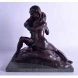 A LOVELY ENGLISH BRONZE FIGURE OF A MALE AND FEMALE modelled embracing upon a marble base. Seal mark