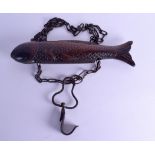 A CHARMING MID 19TH CENTURY CARVED OAK AND IRON HANGING FISH possibly from a fishmongers. Oak 43