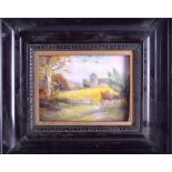 19th c. English porcelain plaque, framed, painted with a rural scene of a flock of sheep grazing