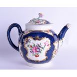 18th c. Worcester teapot and cover painted with English flowers on a blue scale ground, crescent