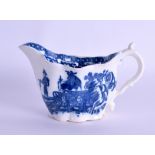 18th c. Caughley low Chelsea ewer printed with the Fisherman pattern in underglaze blue, no mark.