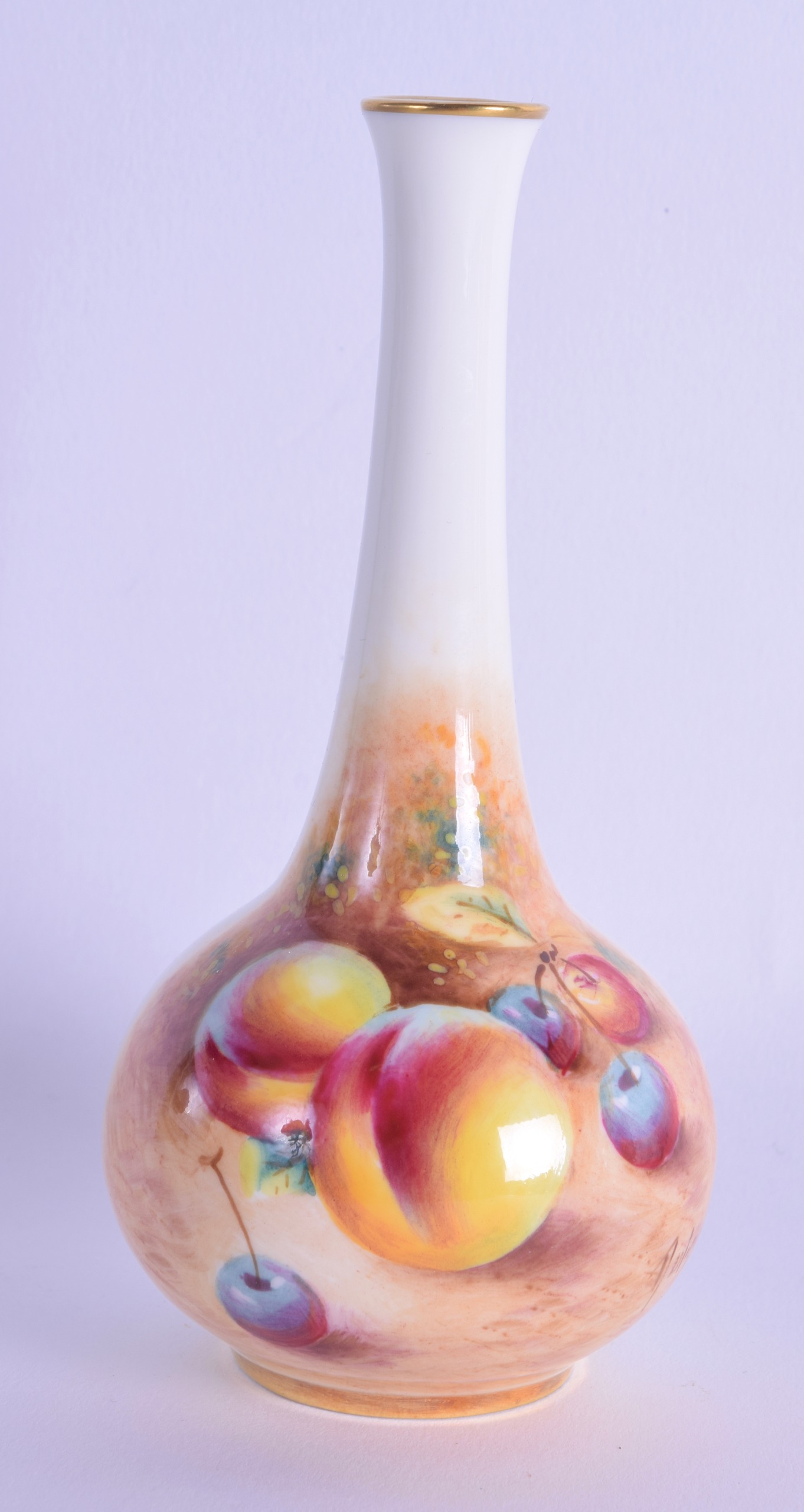 Royal Worcester vase painted by Roberts with peaches and cherries, black mark. 12.5cm high