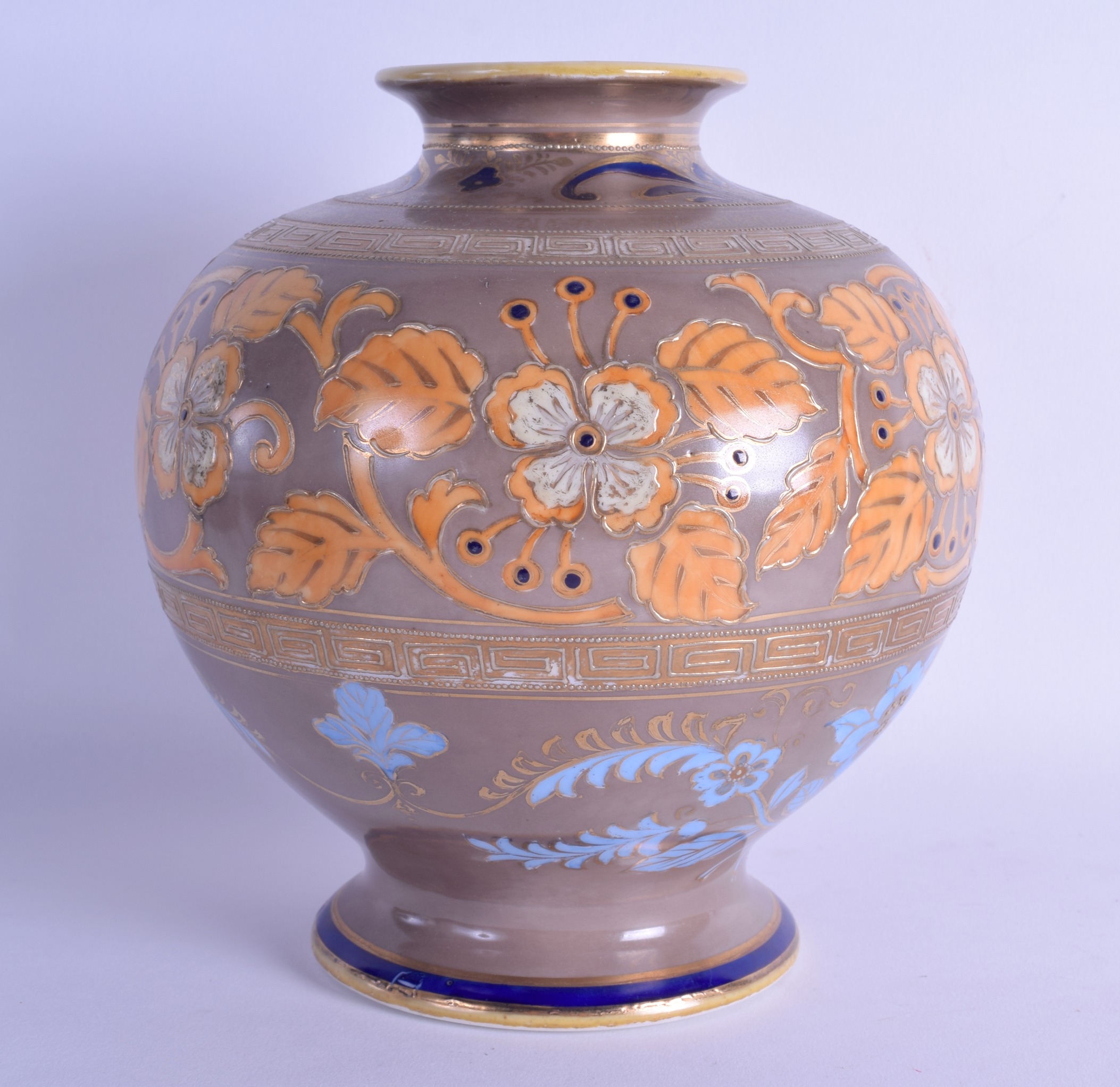 20th c. Noritake vase with two Greek key borders and orange plants highlighted in gold. 18cm high