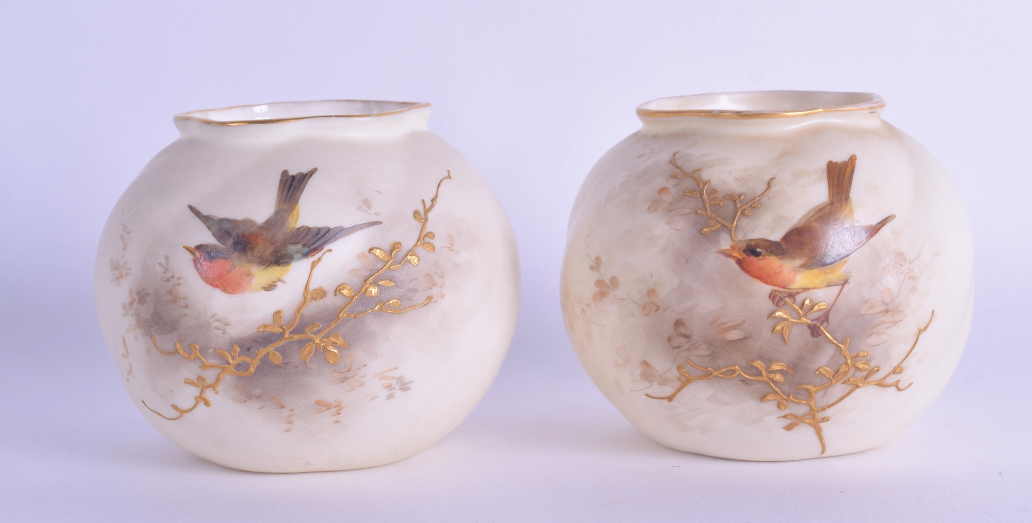 Graingers Worcester pair of spirally moulded spherical pots painted with birds date for 1892 g161.