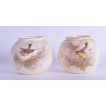 Graingers Worcester pair of spirally moulded spherical pots painted with birds date for 1892 g161.