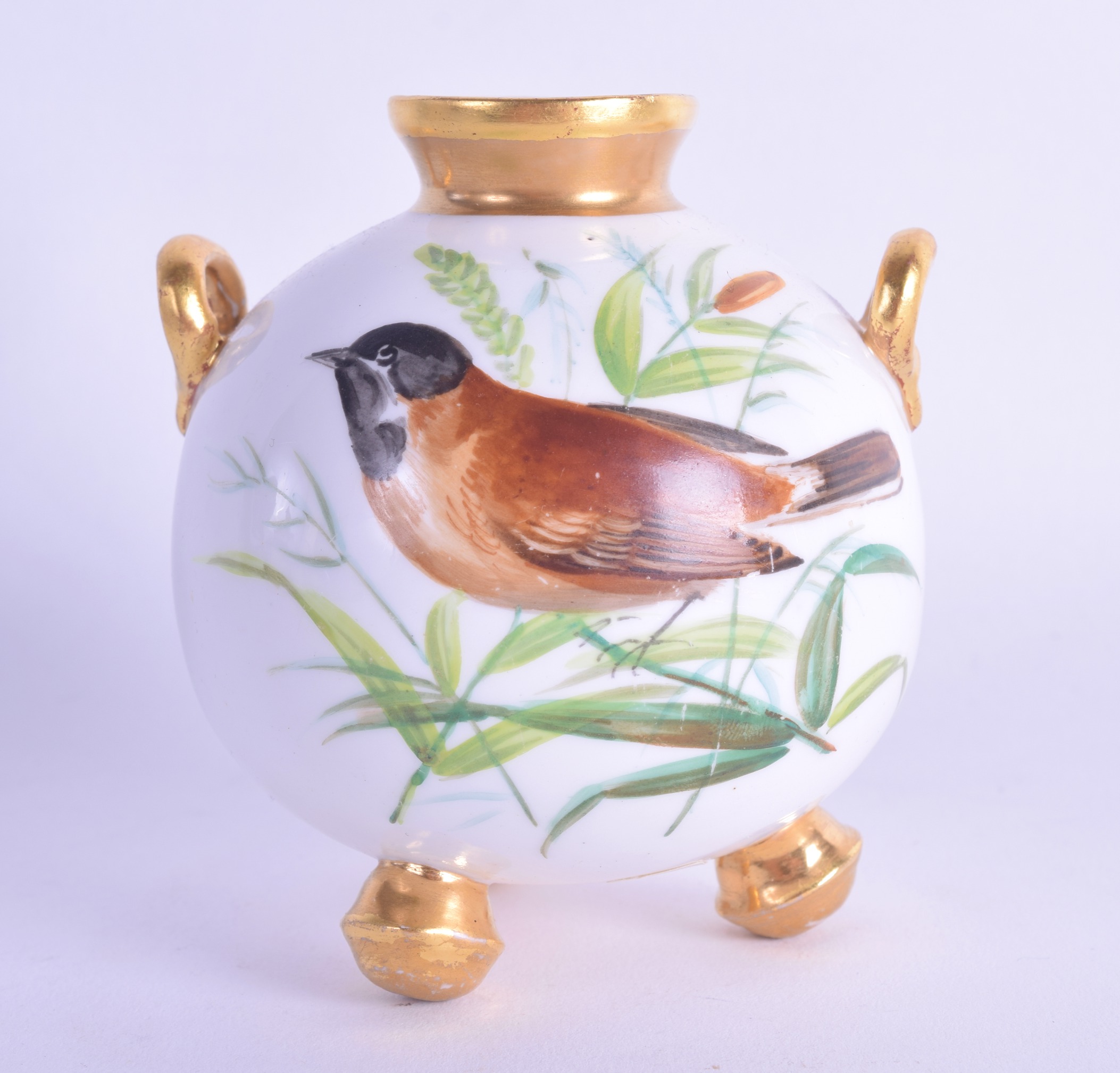 19th c. Davenport spherical vase with four ball feet painted with a birds in Royal Worcester