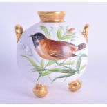 19th c. Davenport spherical vase with four ball feet painted with a birds in Royal Worcester