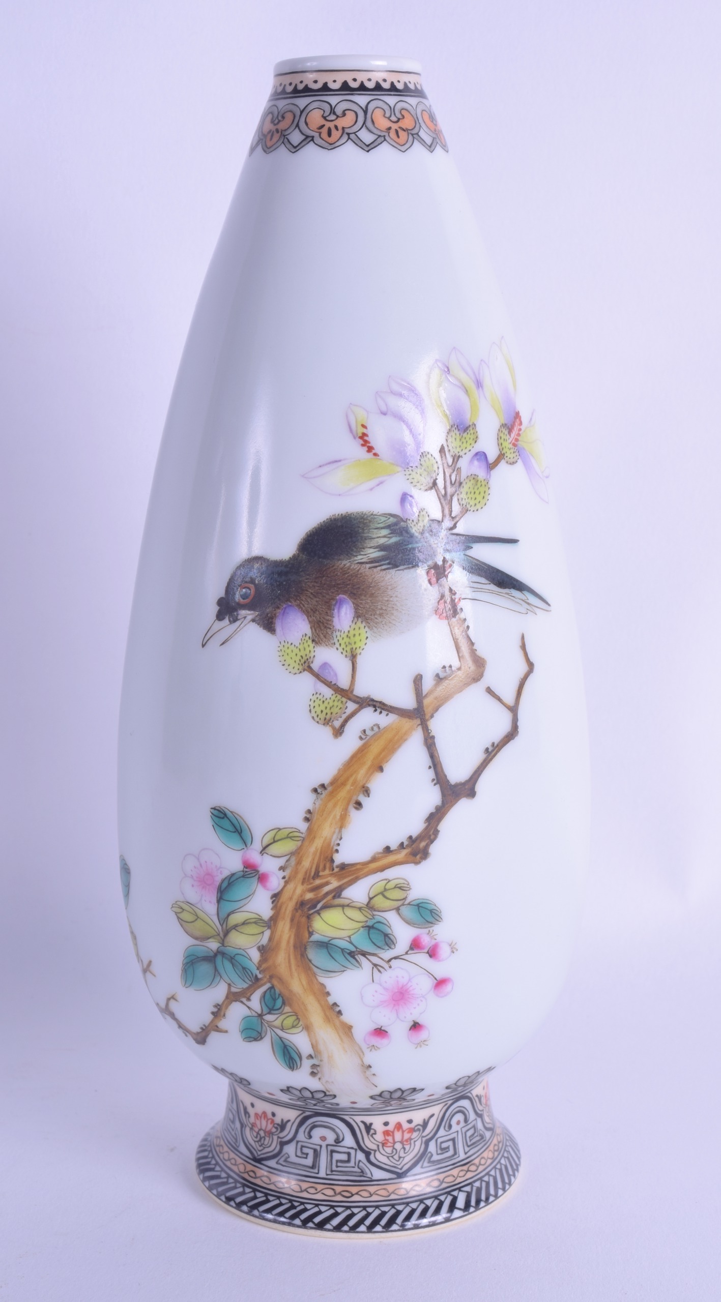 A GOOD CHINESE REPUBLICAN PERIOD FAMILLE ROSE CONICAL SHAPED VASE painted with a bird amongst