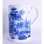 18th c. Worcester cylindrical mug printed with the Europeans Landscapes pattern in under glaze blue,