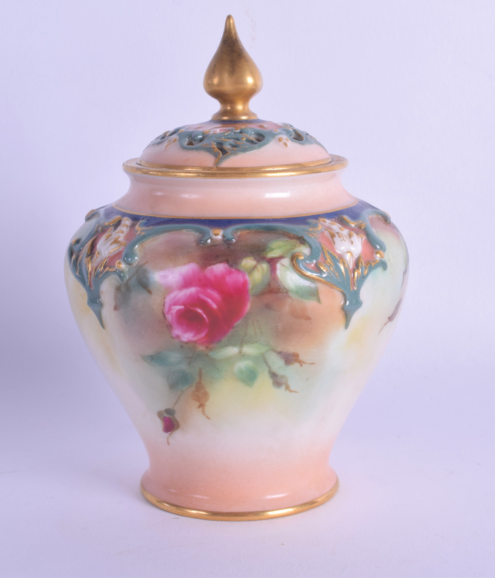 Royal Worcester pot pourri and cover moulded with coloured clays in Hadley style painted with - Image 2 of 3