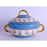 Paris porcelain both bowl cover and stand in Sevres style painted with flowers on a blue celesta