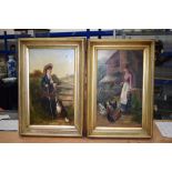 A PAIR OF 19TH CENTURY FRAMED OIL ON CANVAS by William Langley, depicting females in rural scenes.