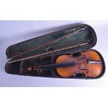 A VINTAGE TWO PIECE BACK VIOLIN with two bows, no label. 45.5 cm long. (3)