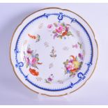 Early 19th c. Coalport plate painted in Derby style with scattered floral sprays under a dry blue