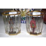 AN UNUSUAL PAIR OF EARLY 19TH CENTURY AUSTRIAN OCTAGONAL GLASSES painted with a male within a